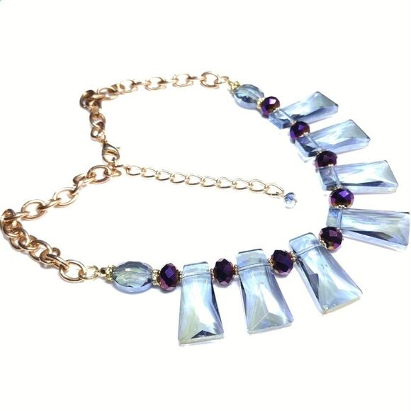 Blue Crystal Choker Necklace, Purple Beads, Gold Tone Chain, 21 Inches - Picture 3 of 8